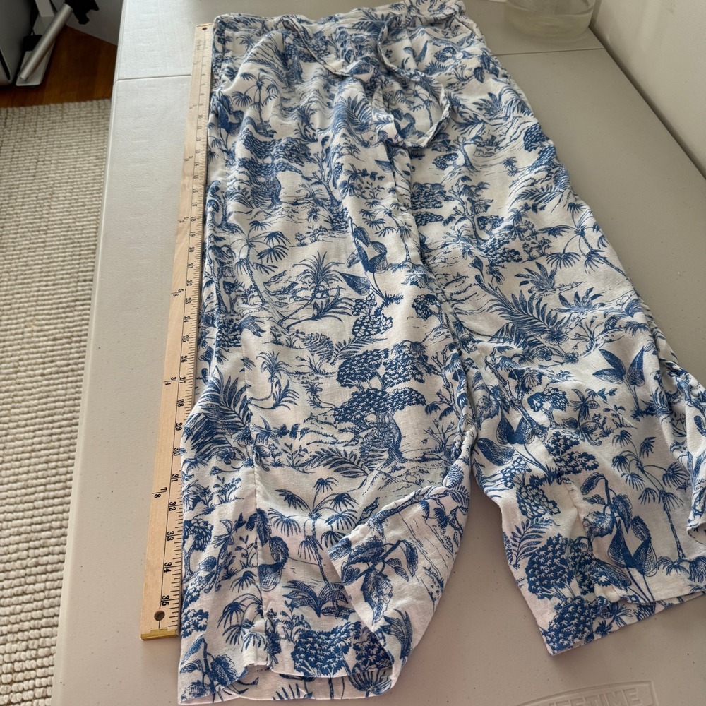 Nicole Miller Linen Blend Wide Leg Pants Women L Blue Toile Coastal Beach Preppy - Picture 12 of 15